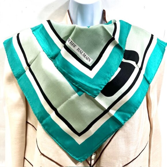 #38) Vintage  Pierre Balmain mini scarf 100% silk satin, 22"  dark navyBlue (38 - Picture 1 of 8